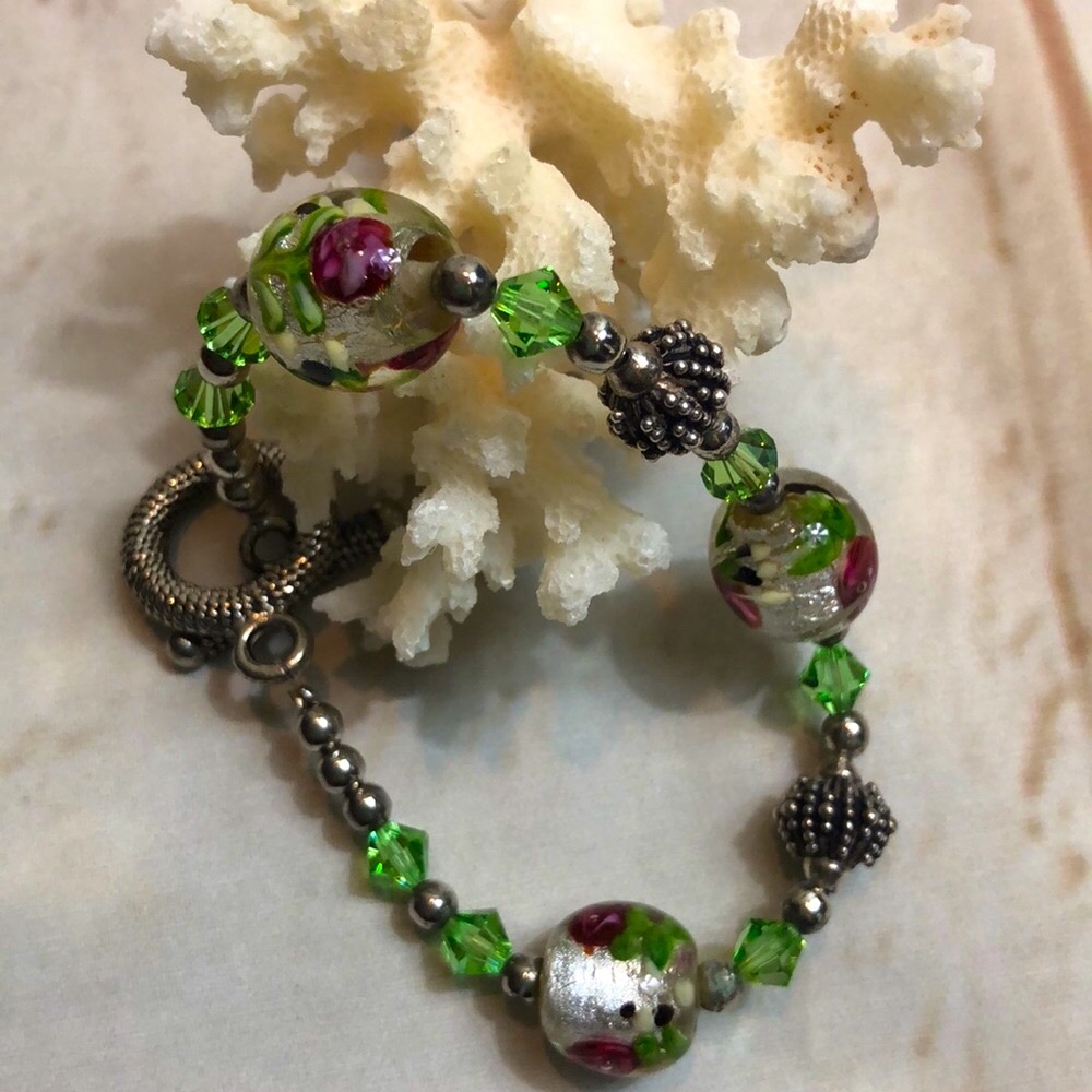 3/$20 Sterling & Glass Bead Bracelet Green  Silver